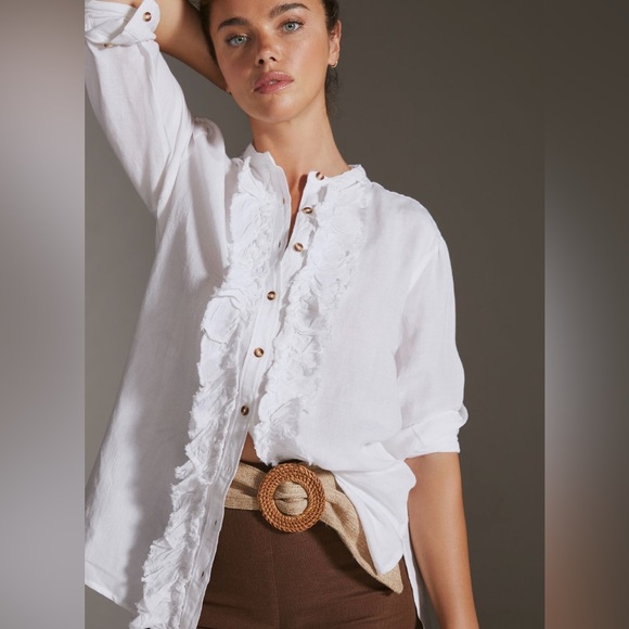 Anthropologie Tops - Anthropologie Pilcro White Ruffle Placket Buttondown Shirt Small